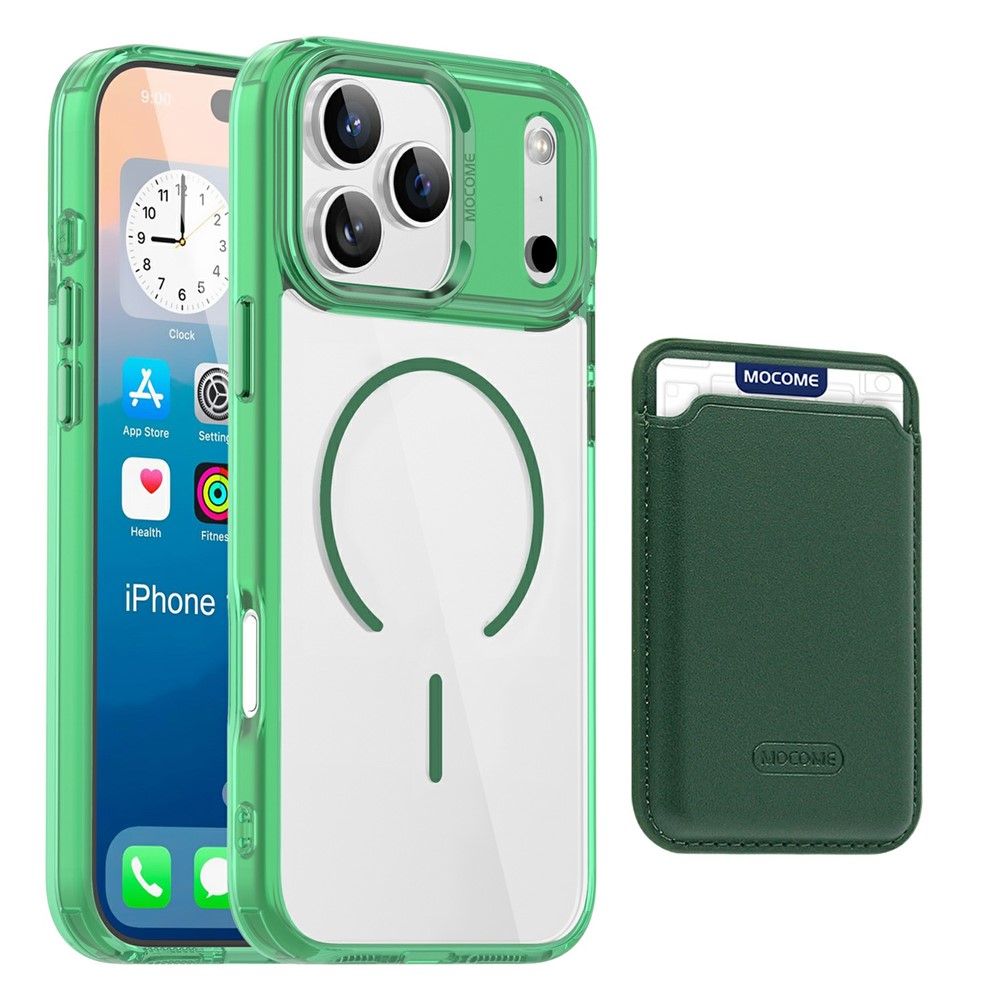 For iPhone 17 Pro Magnetic Case Compatible with MagSafe TPU + PC Phone Cover with Card Bag - Transparent Green
