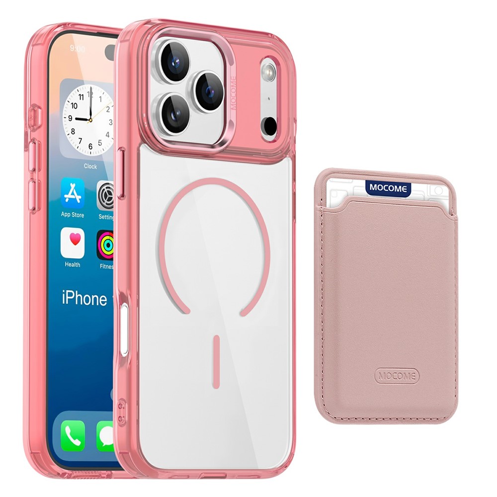 For iPhone 17 Pro Max Magnetic Case Compatible with MagSafe TPU + PC Phone Cover with Card Bag - Transparent Pink