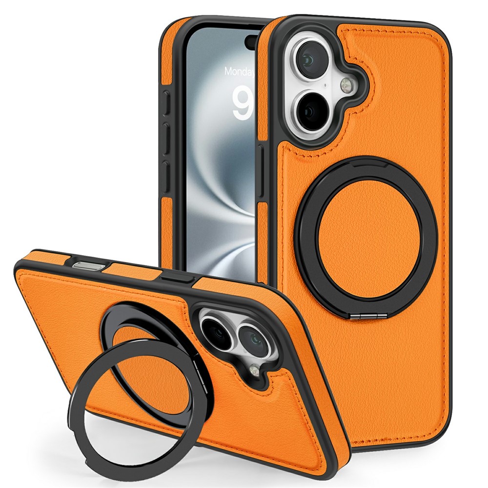 For iPhone 17 Case with Ring Kickstand Compatible with MagSafe PU Leather Back Cover - Orange