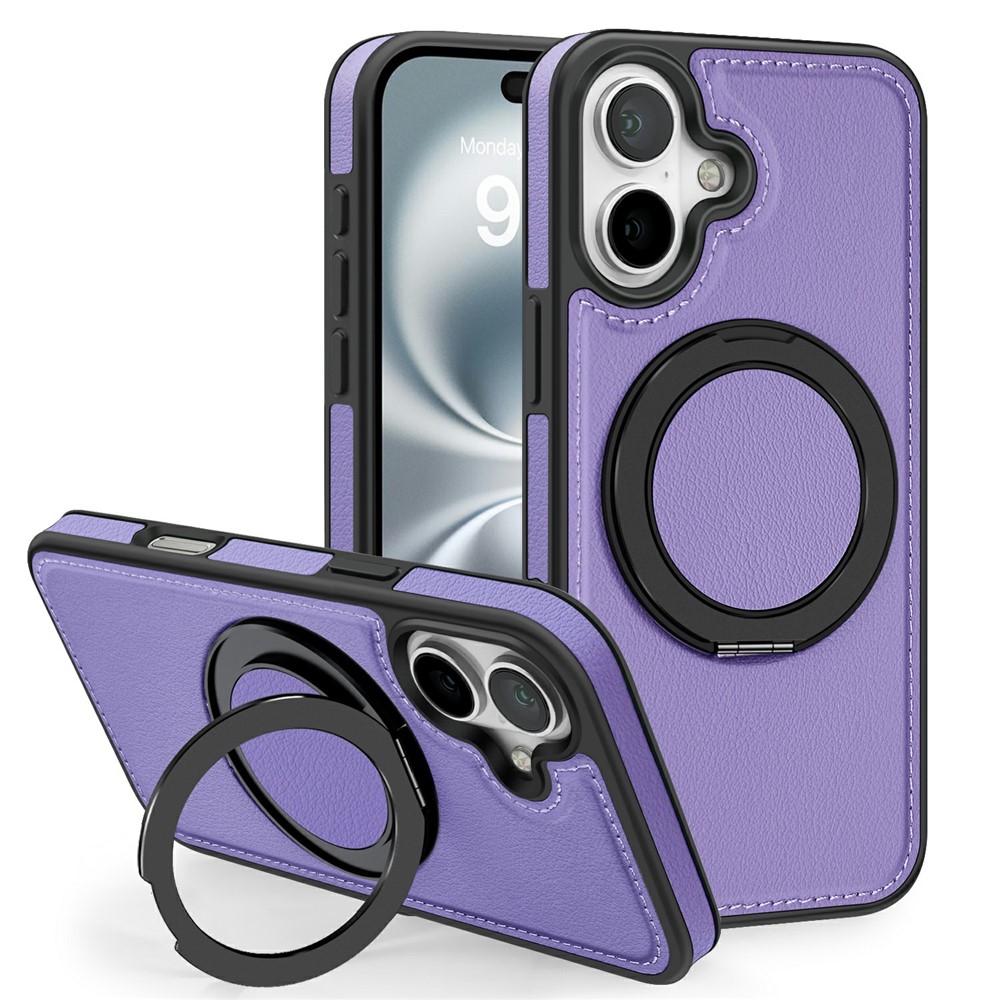 For iPhone 17 Case with Ring Kickstand Compatible with MagSafe PU Leather Back Cover - Light Purple