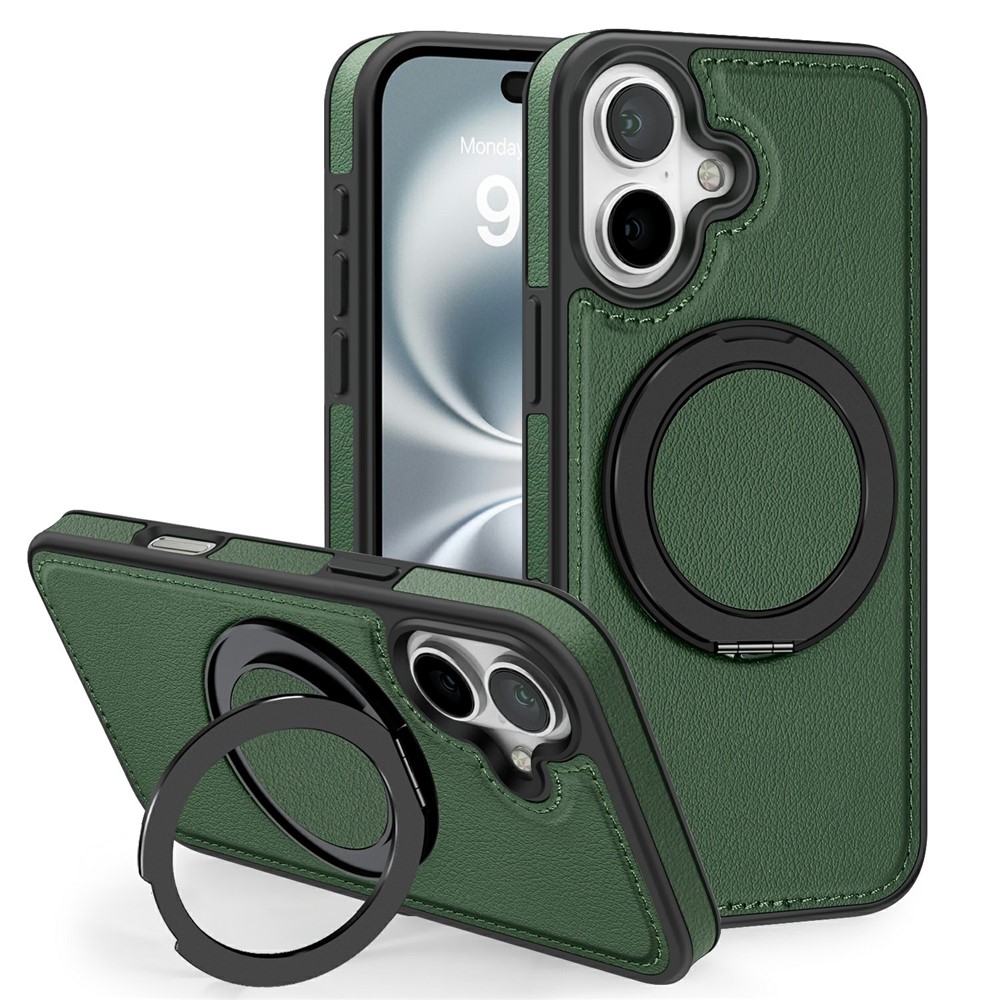 For iPhone 17 Case with Ring Kickstand Compatible with MagSafe PU Leather Back Cover - Blackish Green
