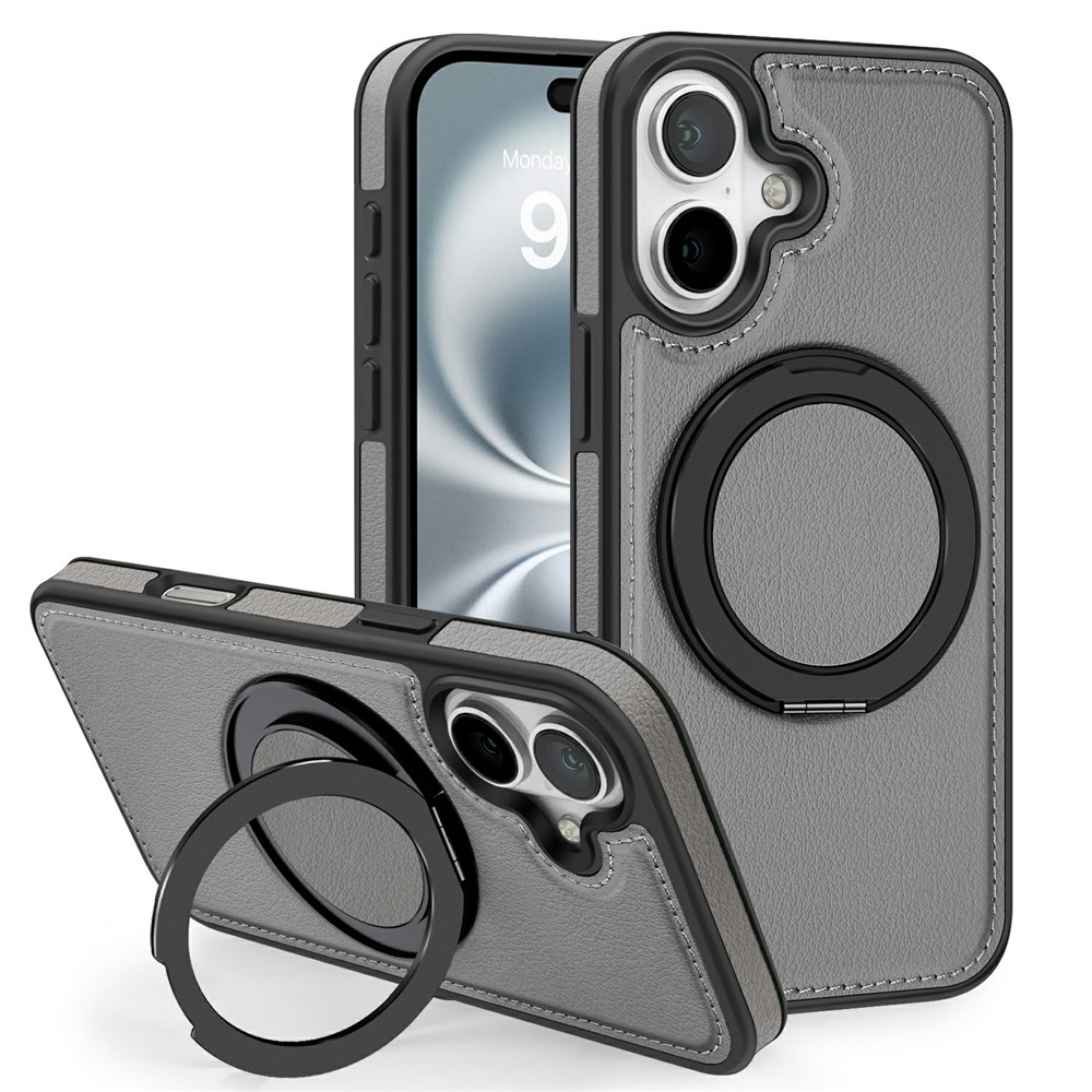 For iPhone 17 Case with Ring Kickstand Compatible with MagSafe PU Leather Back Cover - Titanium Grey