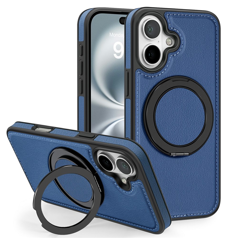 For iPhone 17 Case with Ring Kickstand Compatible with MagSafe PU Leather Back Cover - Sapphire