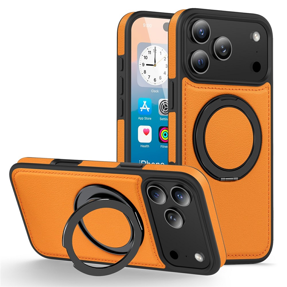 For iPhone 17 Pro Case with Ring Kickstand Compatible with MagSafe PU Leather Back Cover - Orange