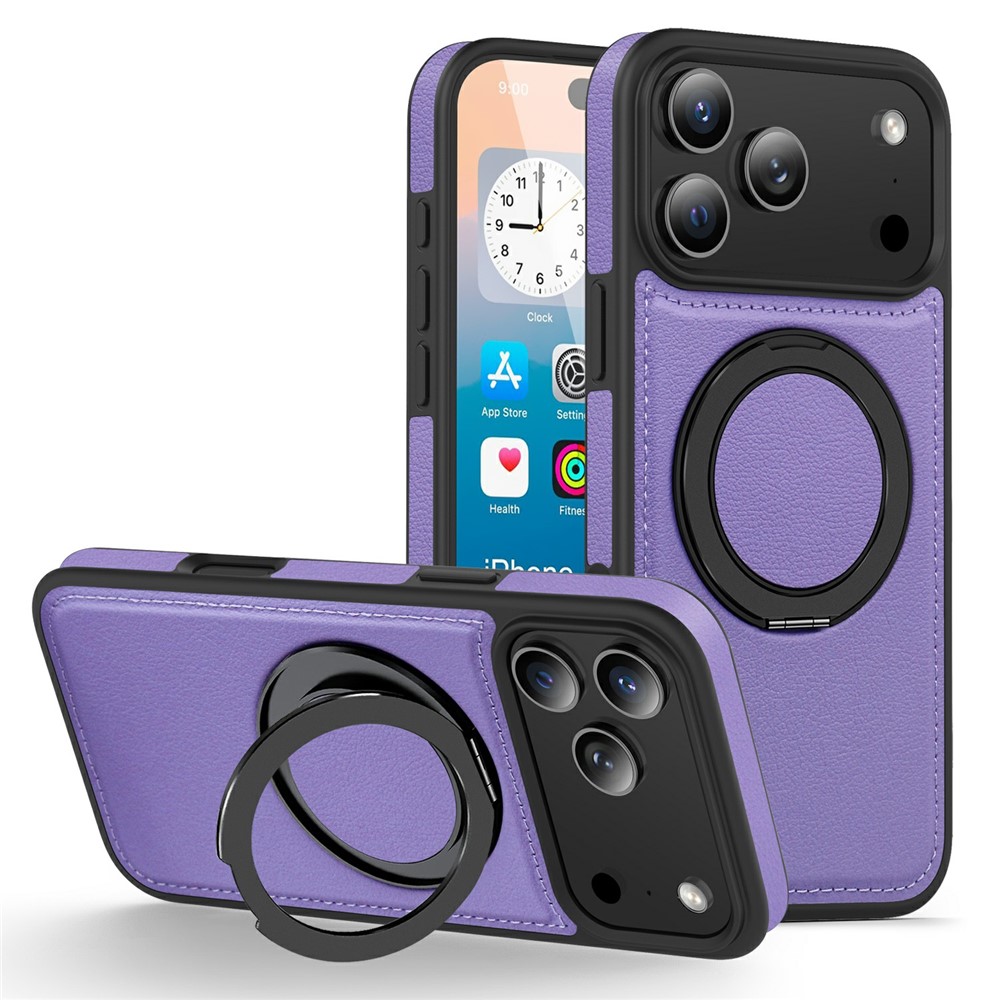 For iPhone 17 Pro Case with Ring Kickstand Compatible with MagSafe PU Leather Back Cover - Light Purple