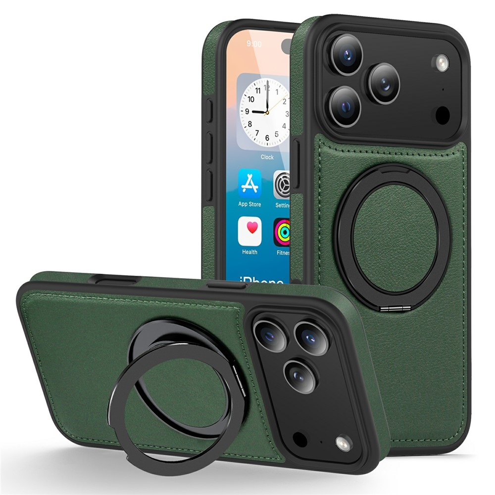 For iPhone 17 Pro Case with Ring Kickstand Compatible with MagSafe PU Leather Back Cover - Blackish Green