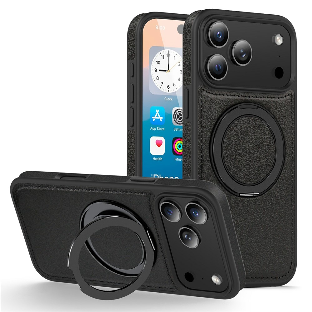 For iPhone 17 Pro Case with Ring Kickstand Compatible with MagSafe PU Leather Back Cover - Black