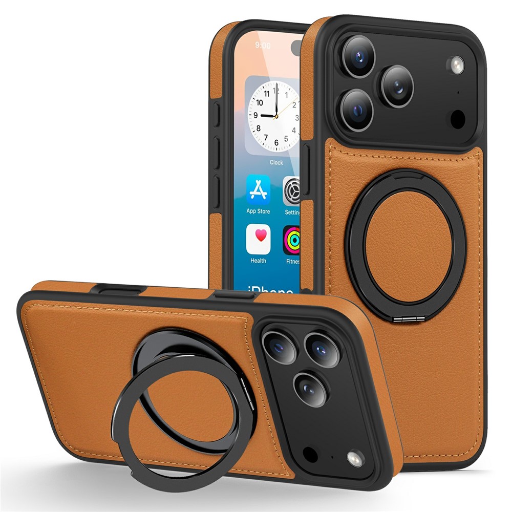 For  iPhone 17 Pro Max Case with Ring Kickstand Compatible with MagSafe PU Leather Back Cover - Brown