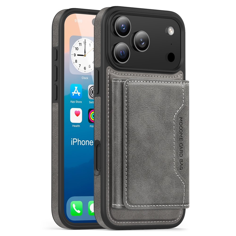 For iPhone 17 Pro Case Compatible with MagSafe Leather Back Phone Cover with Detachable Card Bag - Titanium Grey