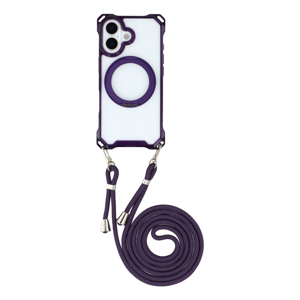 For iPhone 17 Magnetic Case Ring Kickstand TPU + PC Phone Cover with Lanyard - Purple