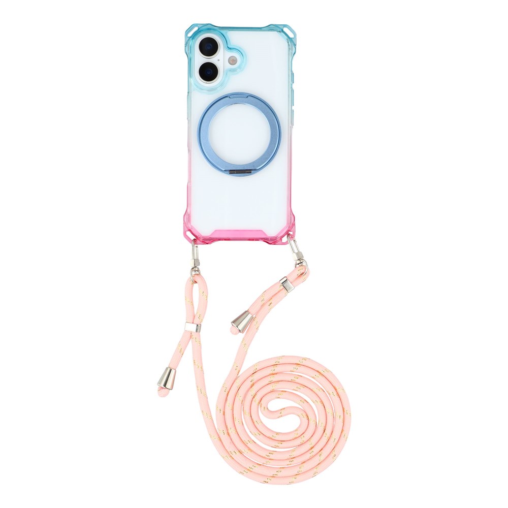 For iPhone 17 Magnetic Case Ring Kickstand TPU + PC Phone Cover with Lanyard - Gradient Blue / Pink