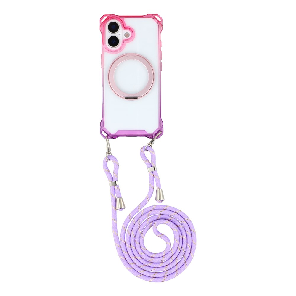 For iPhone 17 Magnetic Case Ring Kickstand TPU + PC Phone Cover with Lanyard - Gradient Pink / Purple