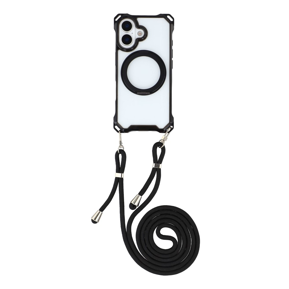 For iPhone 17 Magnetic Case Ring Kickstand TPU + PC Phone Cover with Lanyard - Black