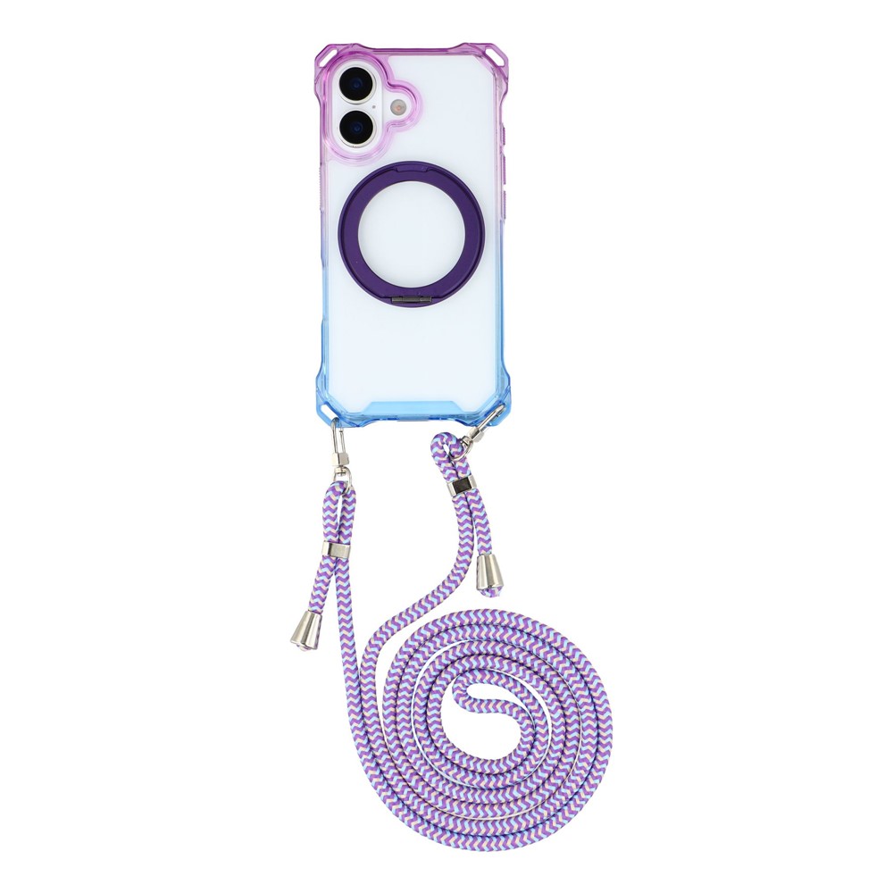 For iPhone 17 Magnetic Case Ring Kickstand TPU + PC Phone Cover with Lanyard - Gradient Purple / Blue