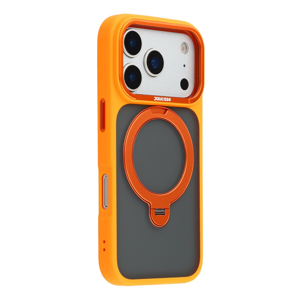 JAUCASE For iPhone 17 Pro Case Rotating Kickstand Skin-Touch Matte PC + TPU Phone Cover - Transparent Orange