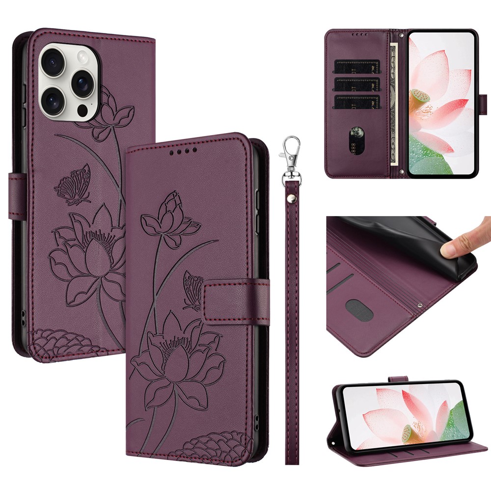 For iPhone 16 Pro Max Case Wallet Stand Lotus Imprint Leather Phone Cover with Wrist Strap - Wine Red