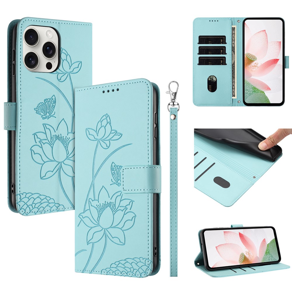 For iPhone 16 Pro Max Case Wallet Stand Lotus Imprint Leather Phone Cover with Wrist Strap - Green