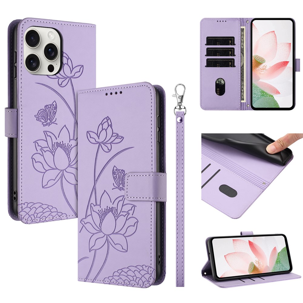 For iPhone 16 Pro Max Case Wallet Stand Lotus Imprint Leather Phone Cover with Wrist Strap - Purple