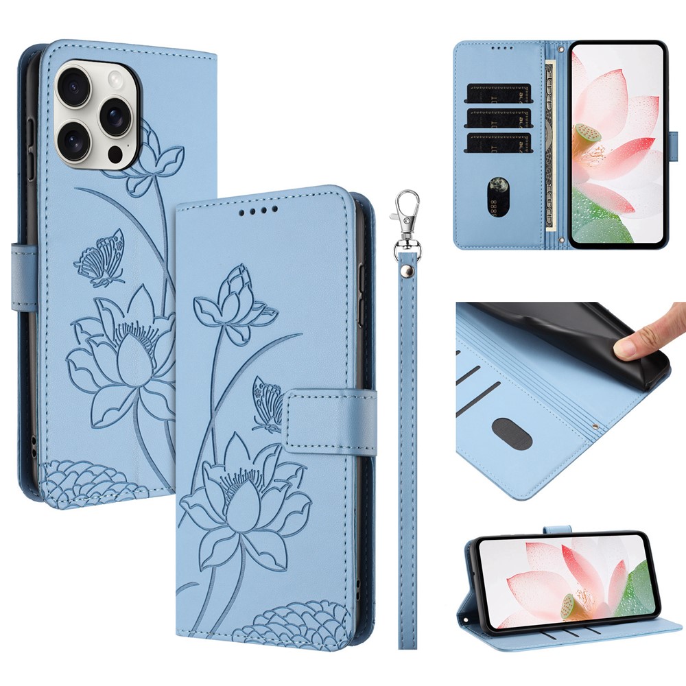 For iPhone 16 Pro Max Case Wallet Stand Lotus Imprint Leather Phone Cover with Wrist Strap - Blue