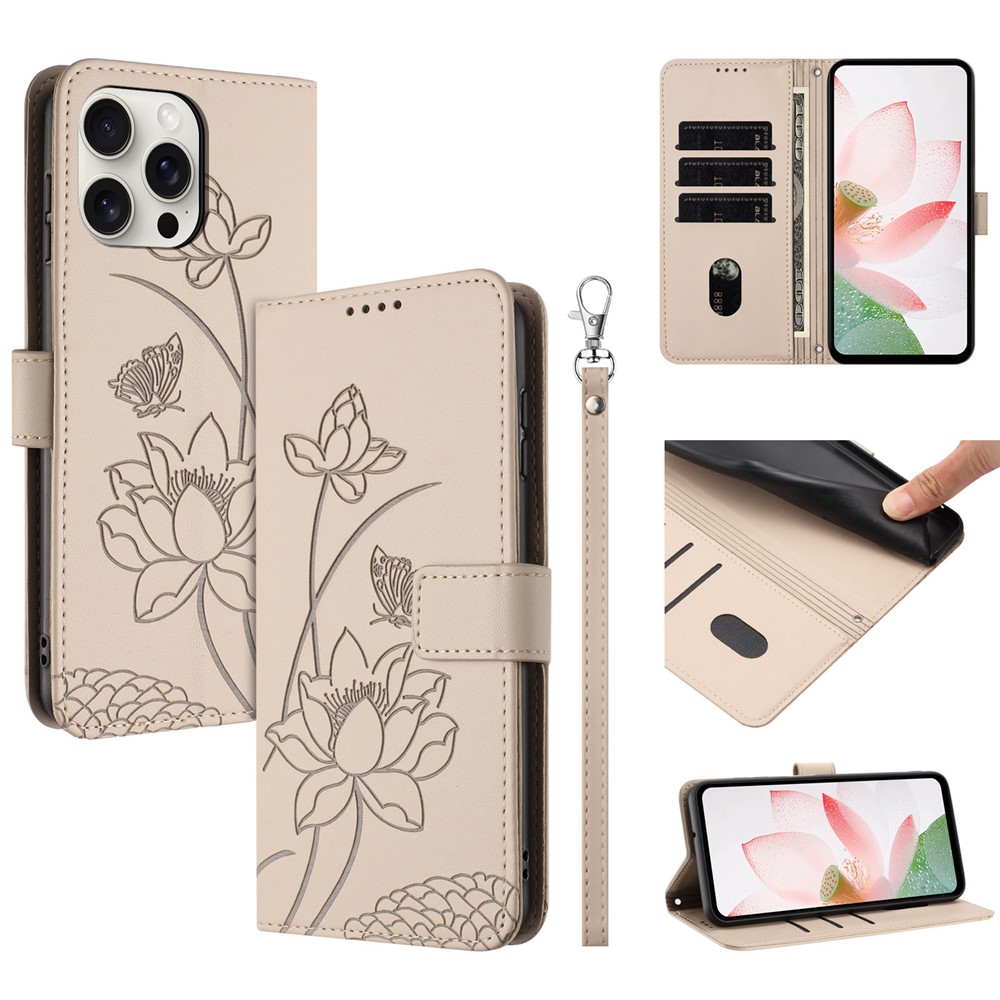 For iPhone 16 Pro Max Case Wallet Stand Lotus Imprint Leather Phone Cover with Wrist Strap - Beige