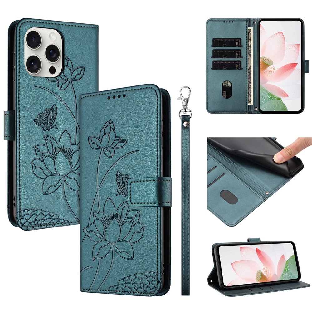 For iPhone 16 Pro Max Case Wallet Stand Lotus Imprint Leather Phone Cover with Wrist Strap - Dark Green
