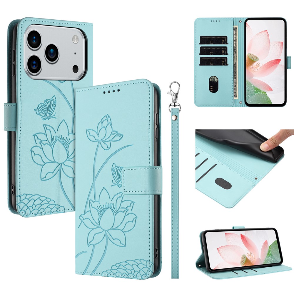 For iPhone 17 Pro Case Wallet Stand Lotus Imprint Leather Phone Cover with Wrist Strap - Green
