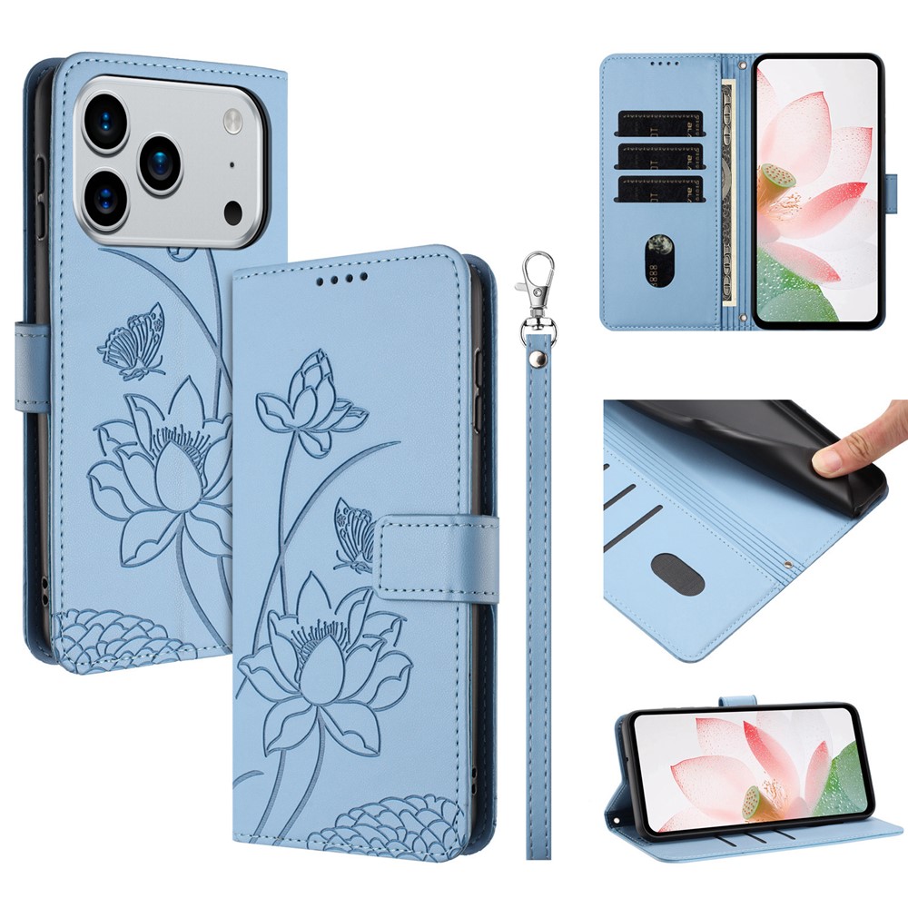 For iPhone 17 Pro Case Wallet Stand Lotus Imprint Leather Phone Cover with Wrist Strap - Blue