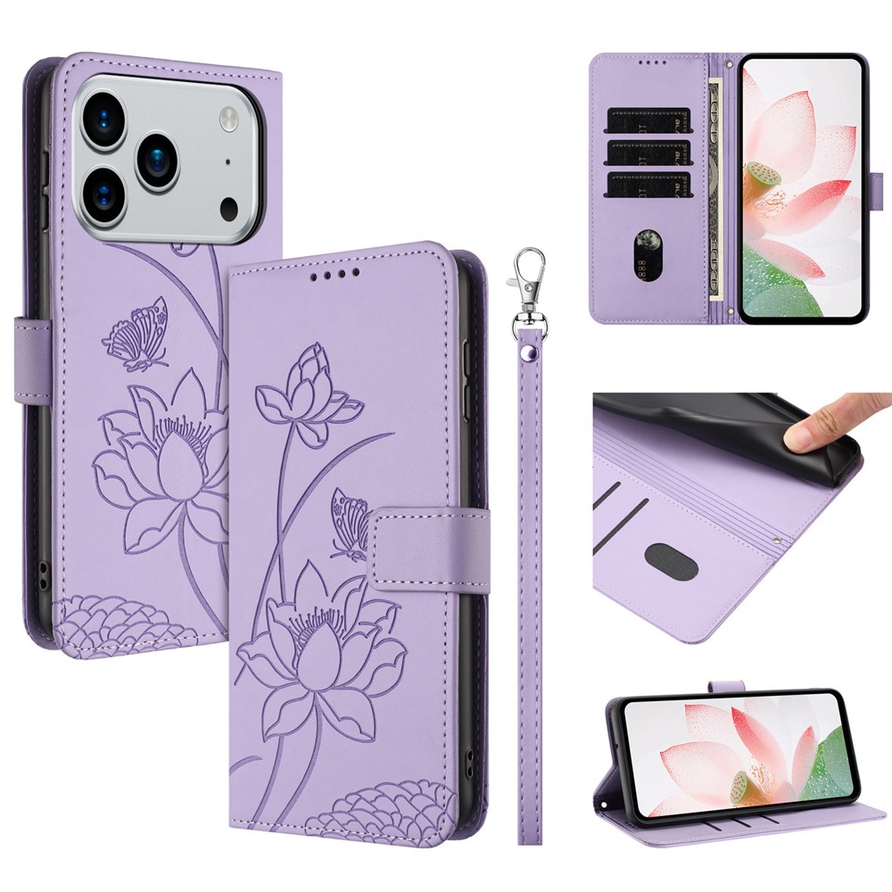 For iPhone 17 Pro Max Case Wallet Stand Lotus Imprint Leather Phone Cover with Wrist Strap - Purple
