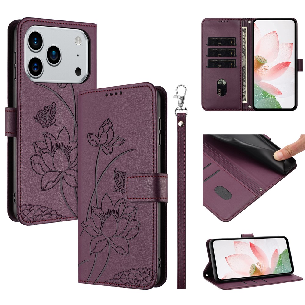 For iPhone 17 Pro Max Case Wallet Stand Lotus Imprint Leather Phone Cover with Wrist Strap - Wine Red