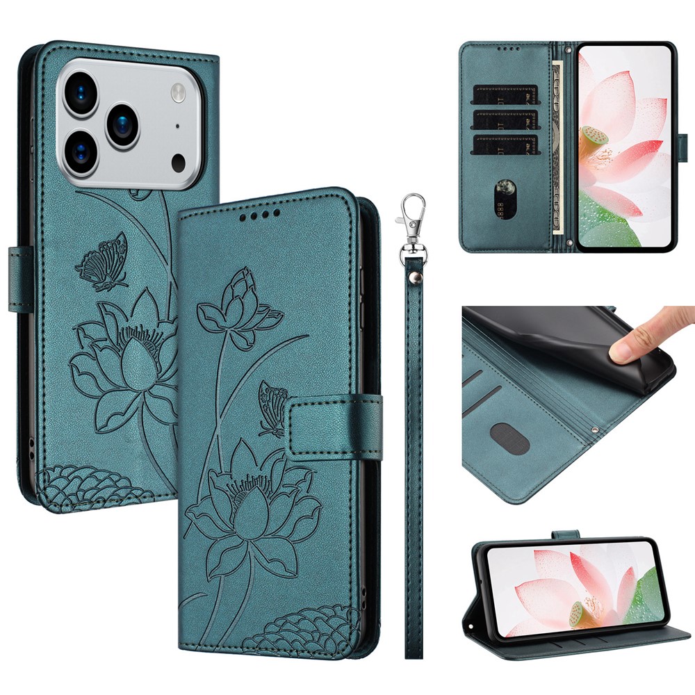 For iPhone 17 Pro Max Case Wallet Stand Lotus Imprint Leather Phone Cover with Wrist Strap - Dark Green