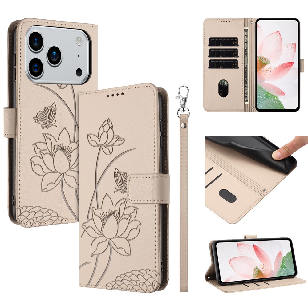 For iPhone 17 Pro Max Case Wallet Stand Lotus Imprint Leather Phone Cover with Wrist Strap - Beige