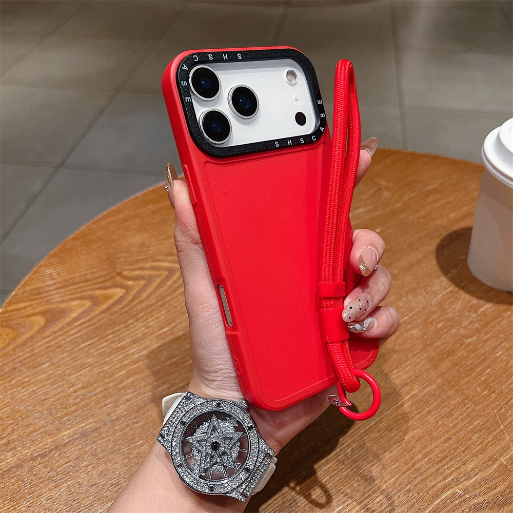 For iPhone 17 Pro Case Black Lens Frame Shockproof TPU PC Phone Back Cover with Wrist Strap - Red