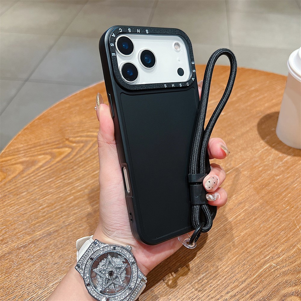For iPhone 17 Pro Case Black Lens Frame Shockproof TPU PC Phone Back Cover with Wrist Strap - Black
