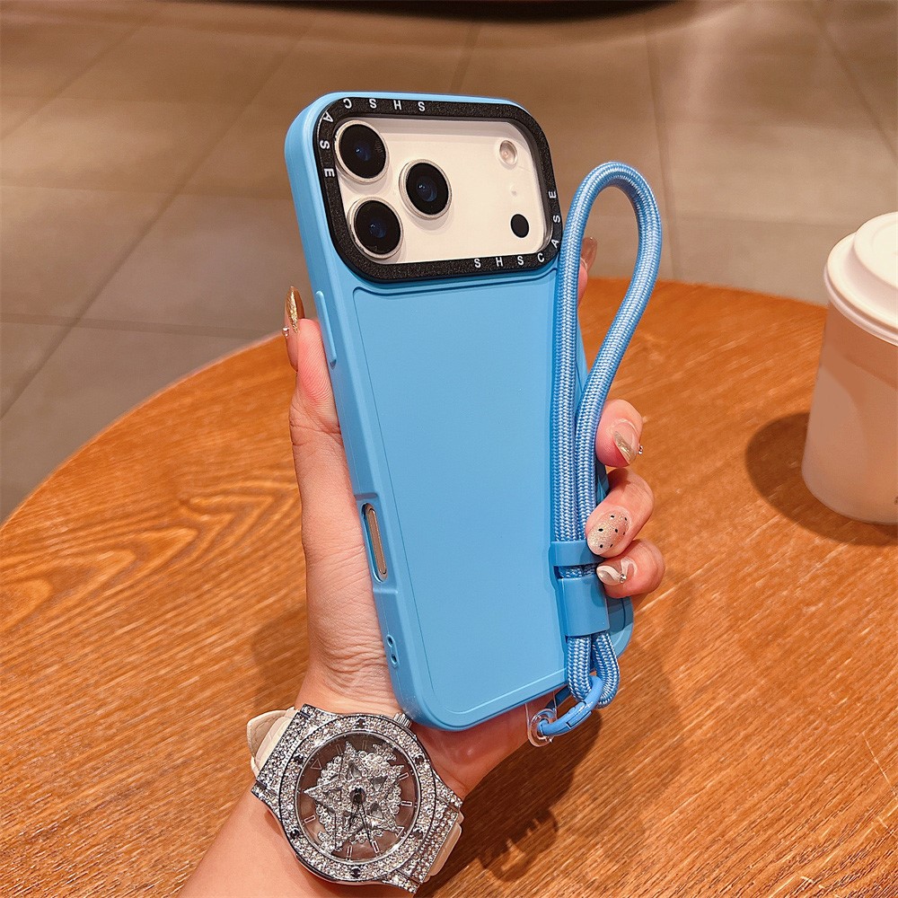 For iPhone 17 Pro Case Black Lens Frame Shockproof TPU PC Phone Back Cover with Wrist Strap - Baby Blue