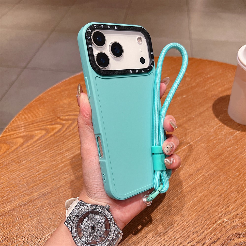 For iPhone 17 Pro Case Black Lens Frame Shockproof TPU PC Phone Back Cover with Wrist Strap - Cyan