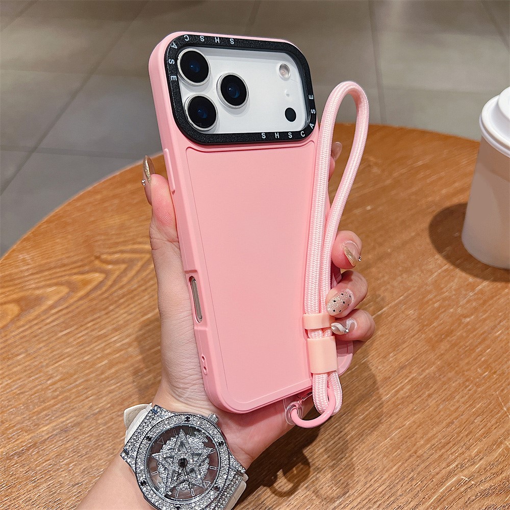 For iPhone 17 Pro Case Black Lens Frame Shockproof TPU PC Phone Back Cover with Wrist Strap - Pink