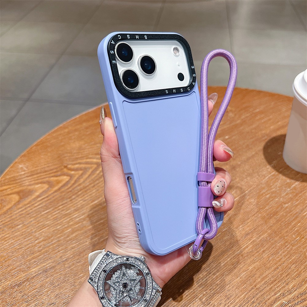For iPhone 17 Pro Max Case Black Lens Frame Shockproof TPU PC Phone Back Cover with Wrist Strap - Purple