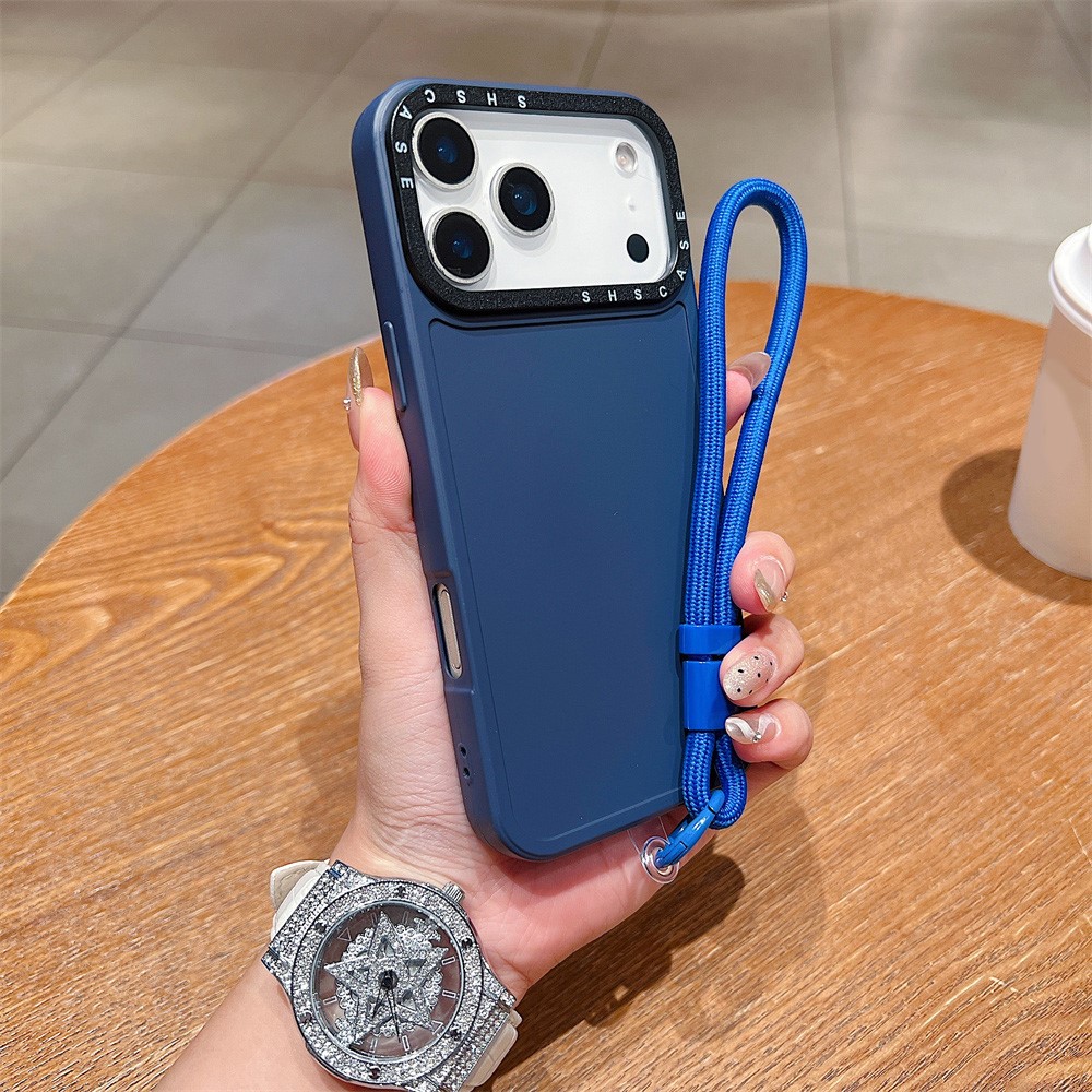 For iPhone 17 Pro Max Case Black Lens Frame Shockproof TPU PC Phone Back Cover with Wrist Strap - Dark Blue