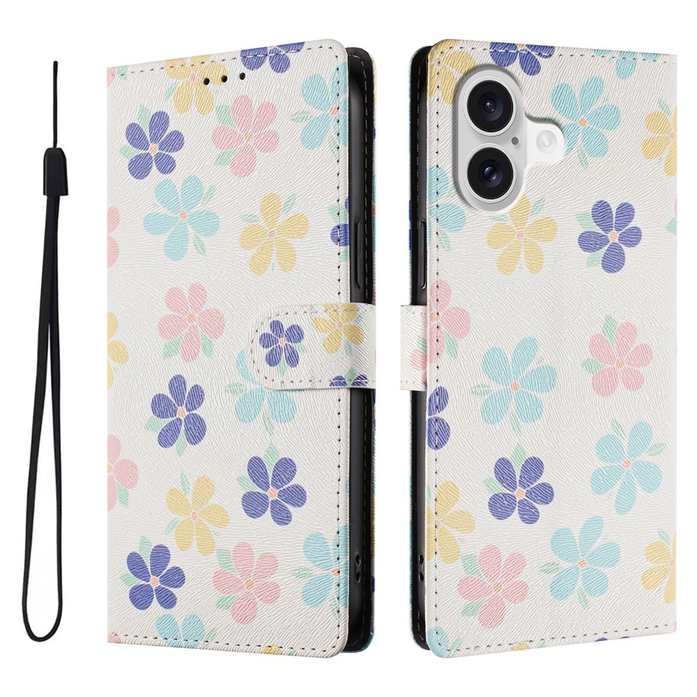 For iPhone 17 Case Pattern Print PU Leather Wallet Phone Cover with Wrist Strap - Colored Flowers