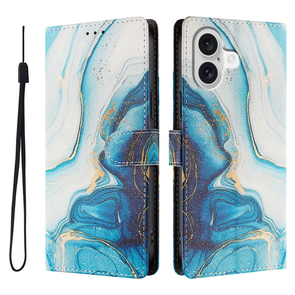 For iPhone 17 Case Pattern Print PU Leather Wallet Phone Cover with Wrist Strap - Blue Marble
