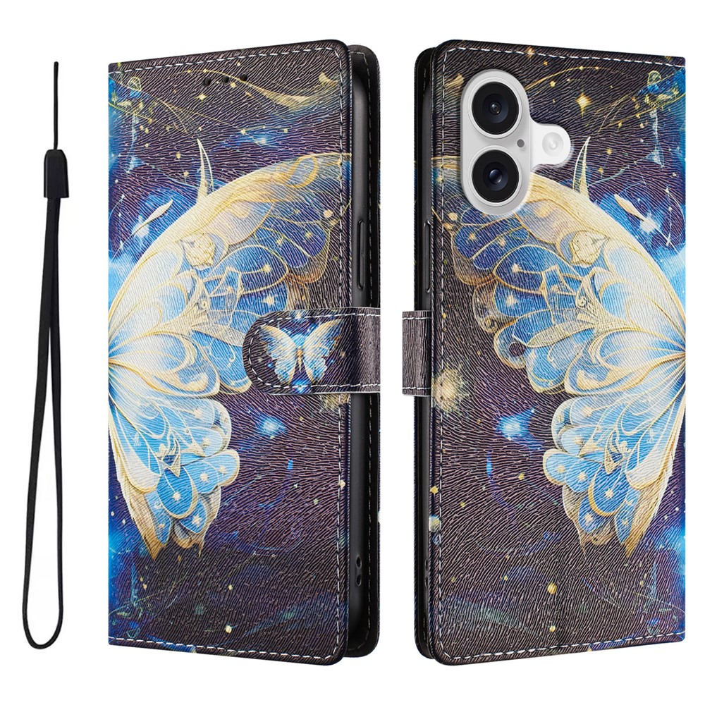 For iPhone 17 Case Pattern Print PU Leather Wallet Phone Cover with Wrist Strap - Big Butterfly