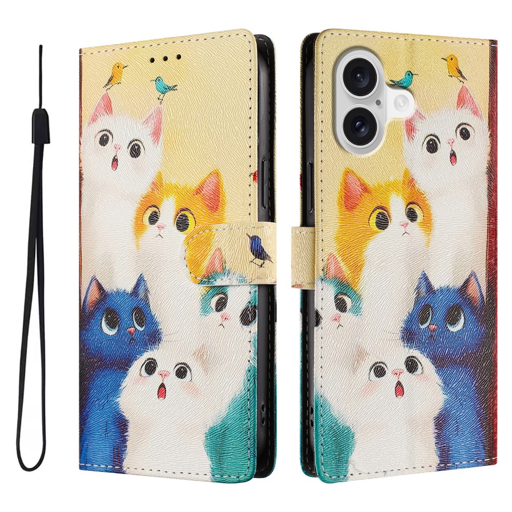 For iPhone 17 Case Pattern Print PU Leather Wallet Phone Cover with Wrist Strap - Colorful Cats