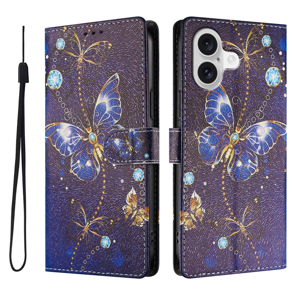 For iPhone 17 Case Pattern Print PU Leather Wallet Phone Cover with Wrist Strap - Blue Butterfly