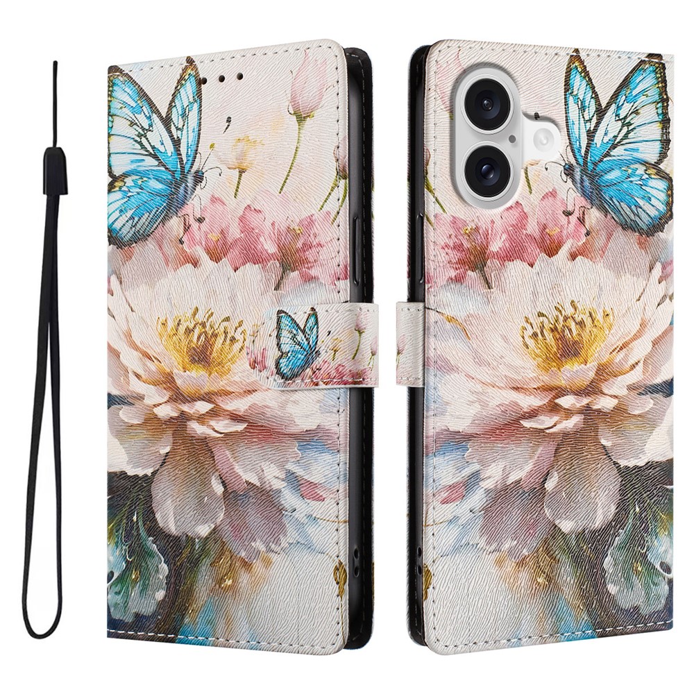 For iPhone 17 Case Pattern Print PU Leather Wallet Phone Cover with Wrist Strap - Butterfly / Flower