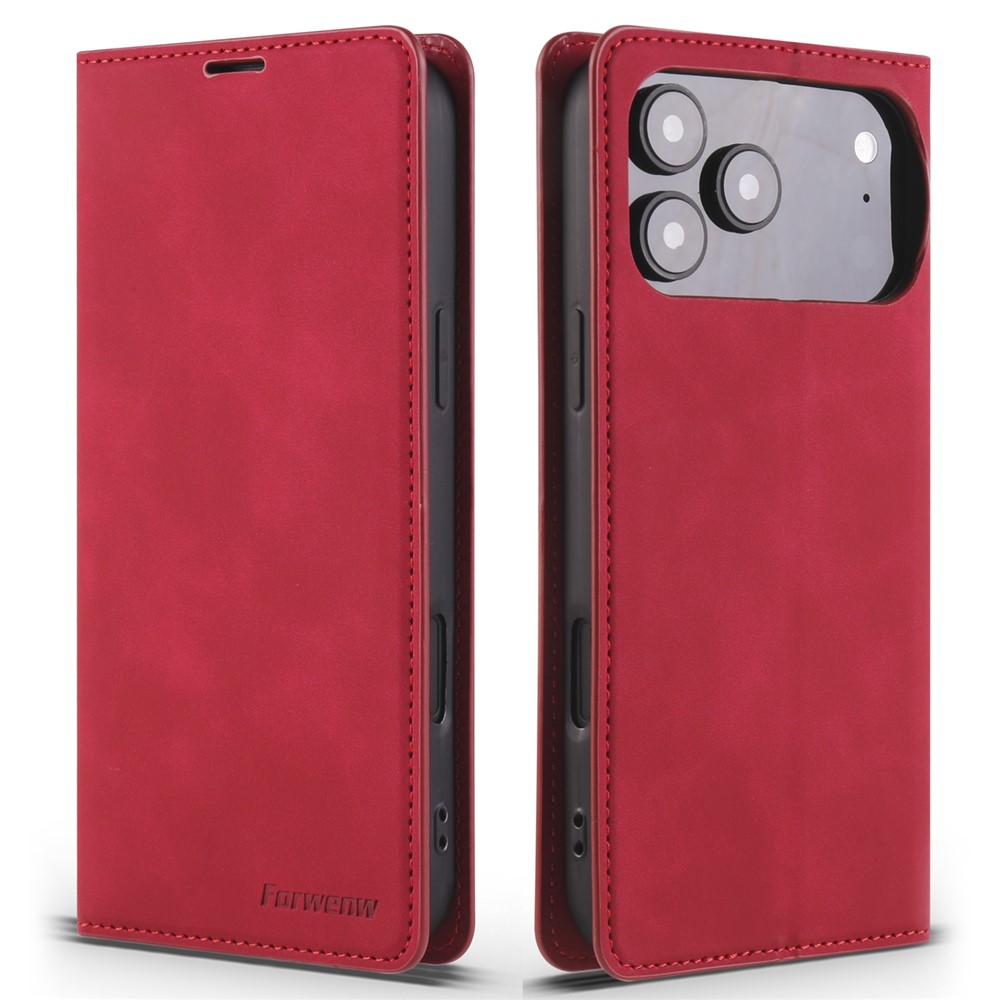 FORWENW For iPhone 17 Pro Max Wallet Case Magnetic Absorption Leather Flip Phone Cover with Stand - Red