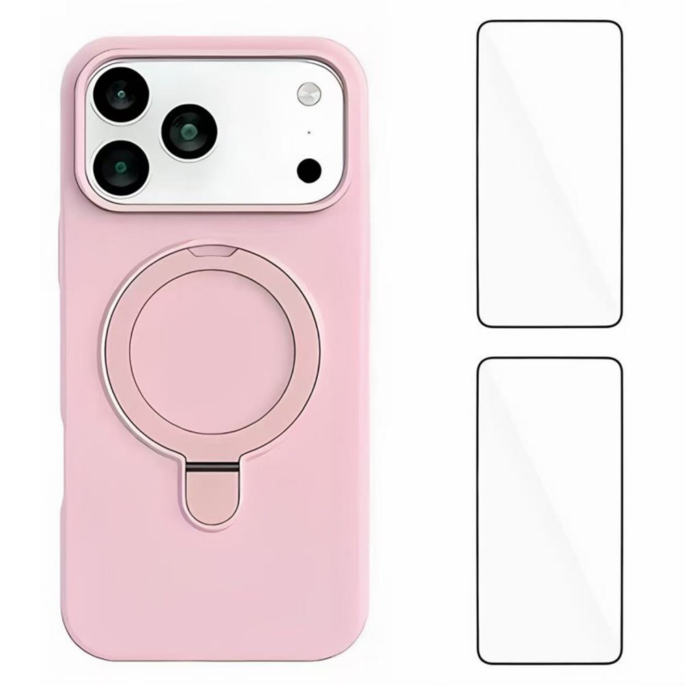 WANLONFENG YJ Series For iPhone 17 Pro Case Kickstand TPU Liquid Silicone Phone Cover Large Cutouts with 2 Screen Films - Pink