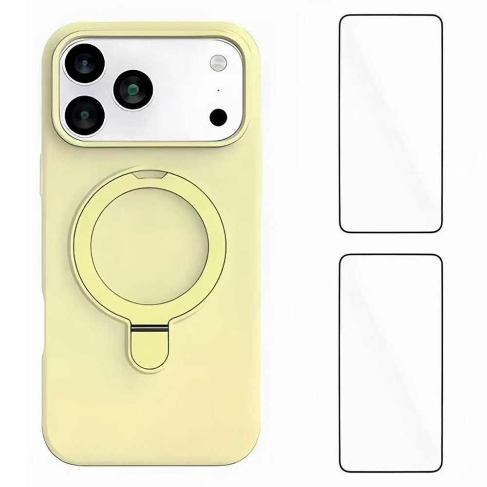 WANLONFENG YJ Series For iPhone 17 Pro Case Kickstand TPU Liquid Silicone Phone Cover Large Cutouts with 2 Screen Films - Yellow