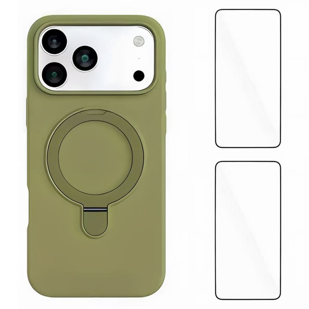 WANLONFENG YJ Series For iPhone 17 Pro Case Kickstand TPU Liquid Silicone Phone Cover Large Cutouts with 2 Screen Films - Green