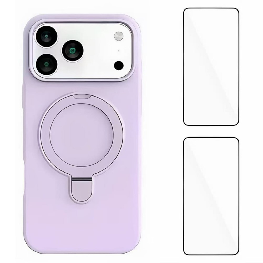 WANLONFENG YJ Series For iPhone 17 Pro Case Kickstand TPU Liquid Silicone Phone Cover Large Cutouts with 2 Screen Films - Purple