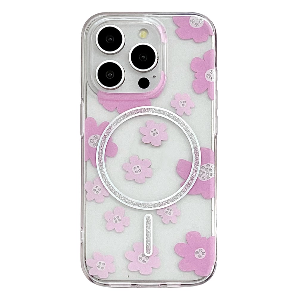 For iPhone 16 Pro Max Case Compatible with MagSafe Laser Floral IMD TPU PC Phone Back Cover - Small Pink Flowers